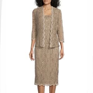 Alex Evenings Champagne Scalloped Glitter Lace Two Piece Jacket Dress Size 16